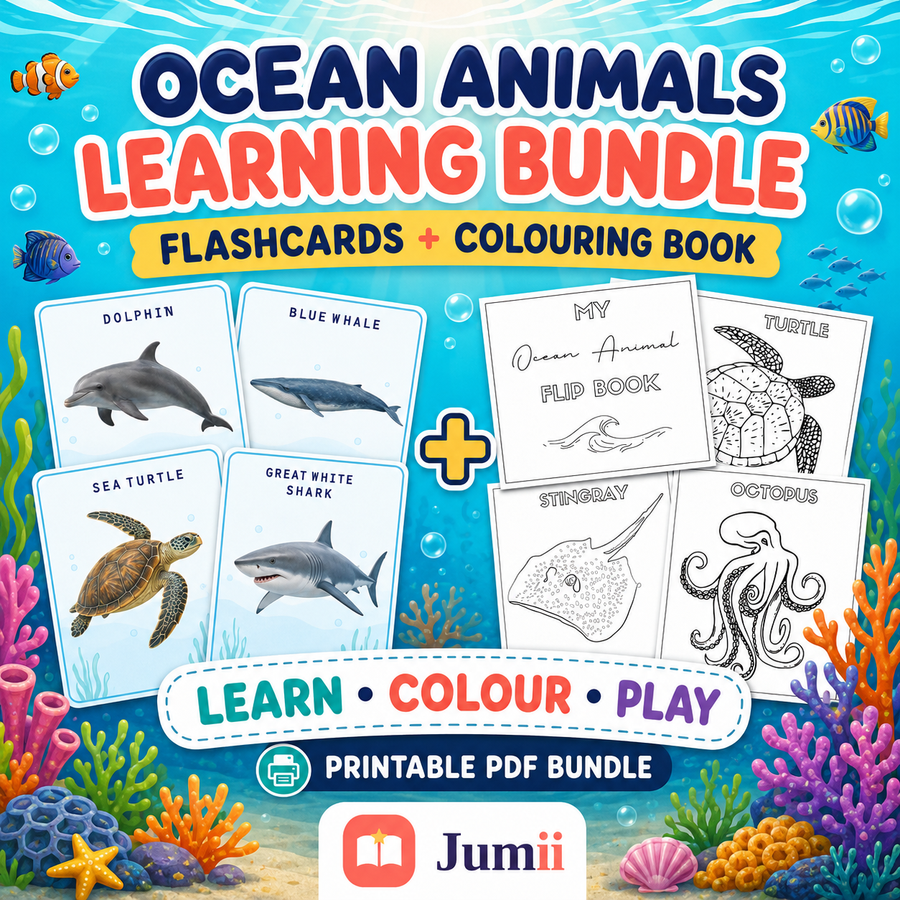 Ocean Animals Printable Activity Bundle, 50 Flashcards and Colouring Flip Book, Preschool Learning PDF