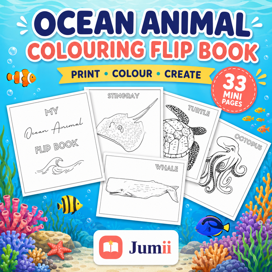 Ocean Animals Printable Activity Bundle, 50 Flashcards and Colouring Flip Book, Preschool Learning PDF