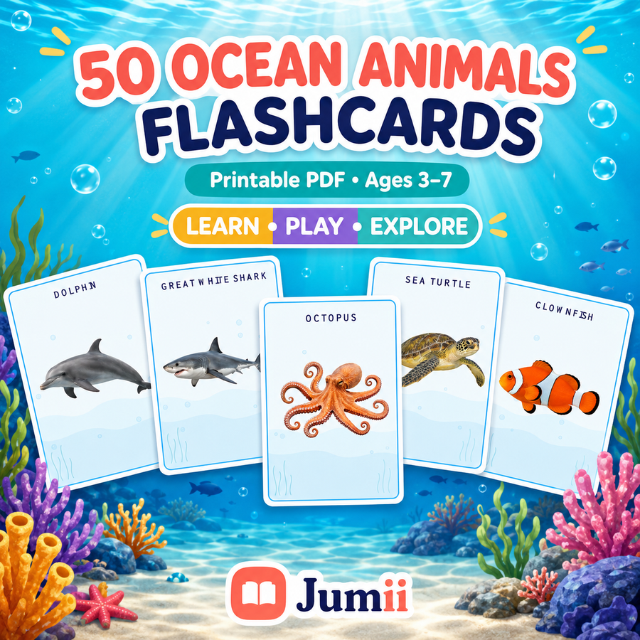 Ocean Animals Flashcards for Kids, 50 Realistic Sea Animal Cards, Printable Preschool Learning PDF